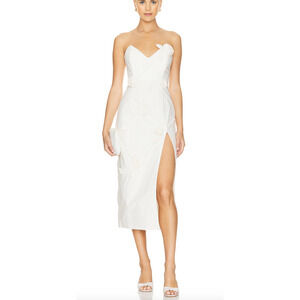 NBD White Bustier Midi Dress XXS Cocktail Rosette Strapless Bridal Slit $288 NEW